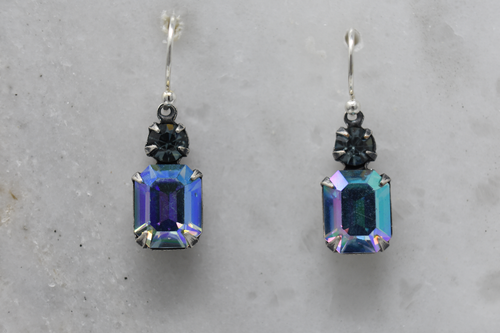 Vintage AB Sapphire Octagon and Crystal Accent Drop earrings