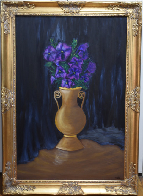 Purple Petunias in Brass Vase