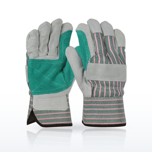 Regular Grade Split Cowhide Leather Double Palm Glove with Fabric Back