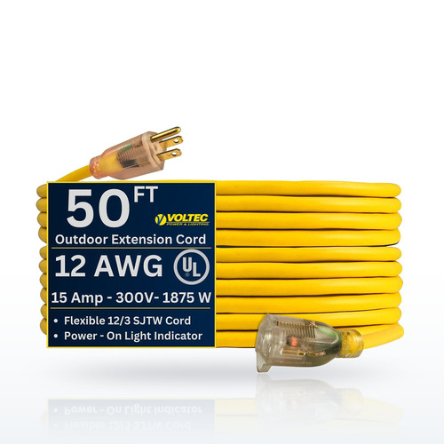 Voltec 50 ft 12/3 Heavy Duty Extension Cord with Lighted End - Yellow