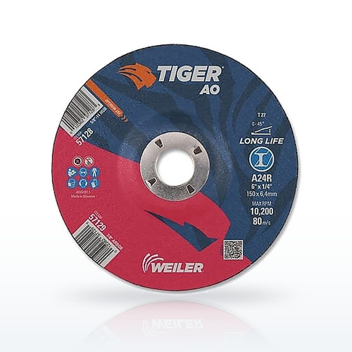 Weiler® Tiger® AO Grinding Wheel, 6 in dia x 1/4 in Thick, 7/8 in Arbor, A24R