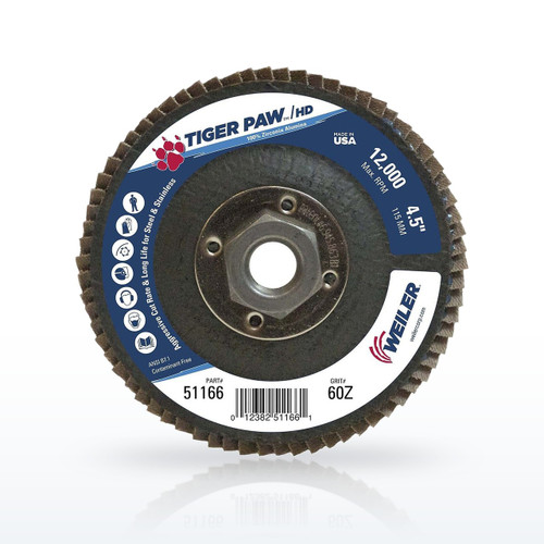 Weiler Tiger Paw HD Zirconia Flap Disc, T27, 4-1/2 in x 5/8-11, 60 Grit