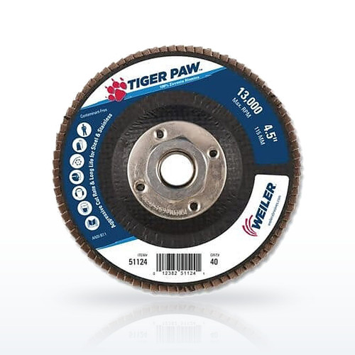 Weiler 51124 Tiger Paw TY29 Coated Abrasive Flap Disc, 4 -1/2 in dia, 40 Grit