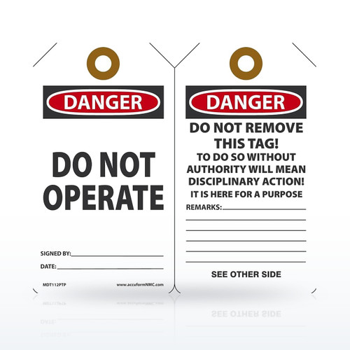 Accuform Safety Tags, Danger Do Not Operate Tag, Disciplinary Notice Back