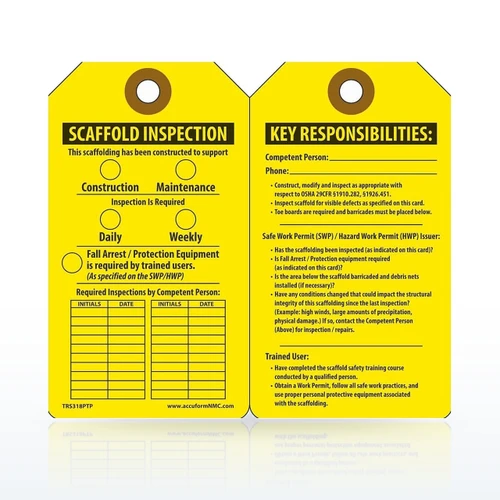 Accuform Safety Tags, Scaffold Inspection Tag, Yellow