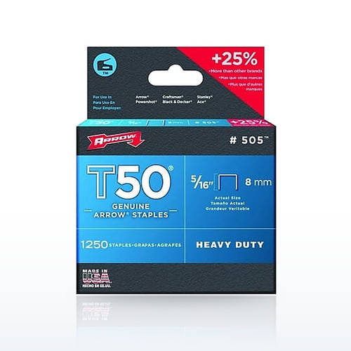 Arrow Fastener T50® Type Staple, #505™, 5/16 in L x 3/8 in W, 1,250/PK