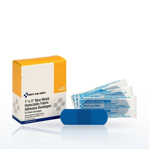 First Aid Only Bandages & Dressings, 1x3 Blue Metal Detectable Fabric Bandages