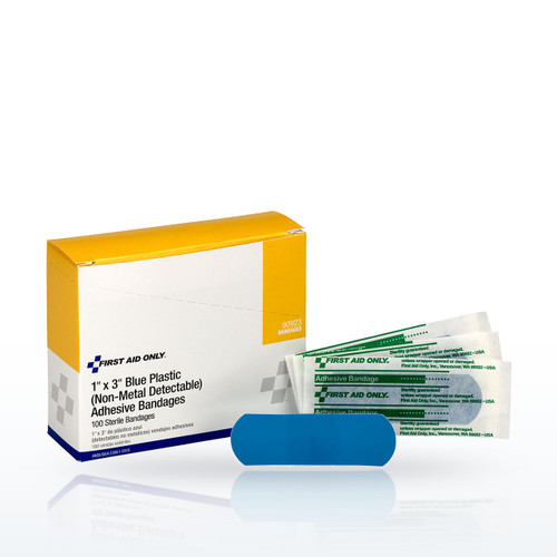 First Aid Only 1"x3" Plastic Bandages Blue, 100 per Box