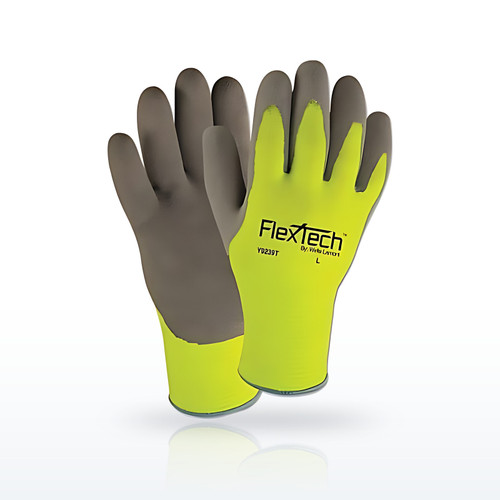 FlexTech Hi-Visibility Knit Thermal Gloves with Latex Palm, Gray/Green