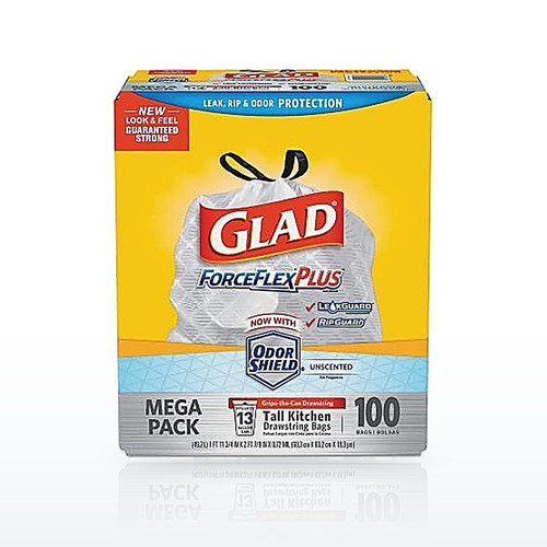 Glad® ForceFlex Tall Kitchen Drawstring Trash Bags, 13 gal, 0.72 mil