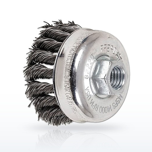 Mini Knot Cup Brush, 2-3/4 in, 5/8 in to 11 Arbor, 0.020 in Carbon Steel Wire