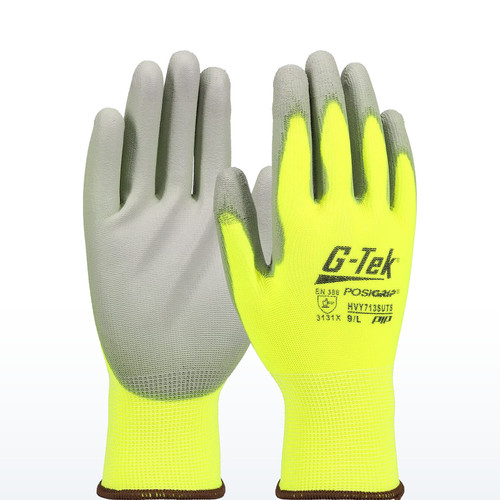 G-Tek PosiGrip HVY713SUTS Coated Gloves, Hi-Vis Seamless Knit Polyester Blend