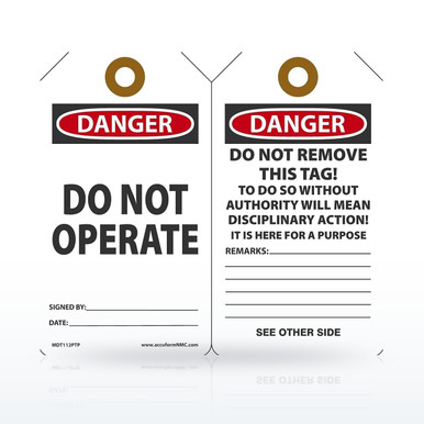 Accuform Safety Tags, Danger Do Not Operate Tag, Disciplinary Notice Back
