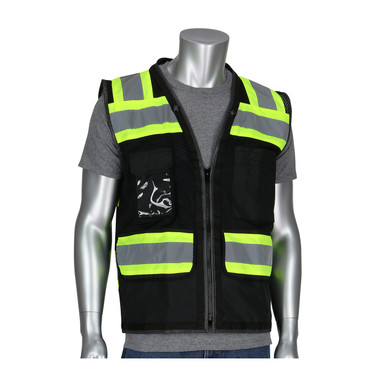 PIP 302-0800D-BK Hi-Vis Vests, ANSI Type O Class 1 Black Two-Tone Eleven Pocket