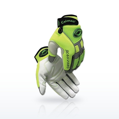 Caiman MAG 2980 Leather Palm Gloves, Goat Grain Hi-Vis Reflective Back Knuckle