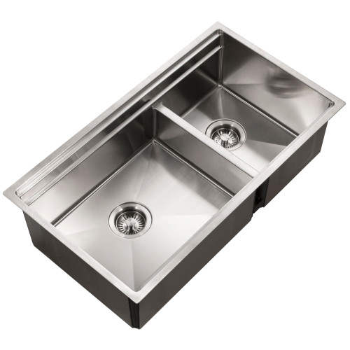 18" left bowl
11" right bowlx15 1/4" left side
16 1/4" right sidex9" Sliding Dual Deck Undermount Stainless Steel Large Double Bowl Kitchen Sink Undermount