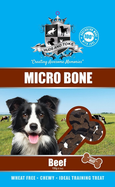 Beef Micro Bones - DOG Training Treats (back view), Australian made dog treats by Huds and Toke