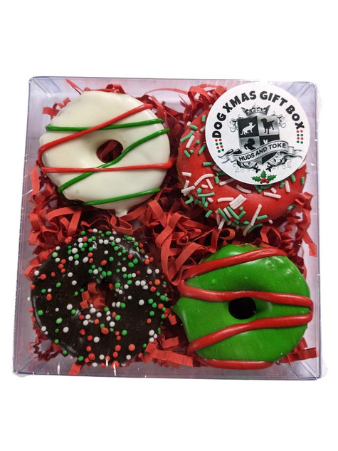 Christmas DOG Treat Gift Box- Christmas Doggy Donuts 4Pce (back view), Australian made dog treats by Huds and Toke