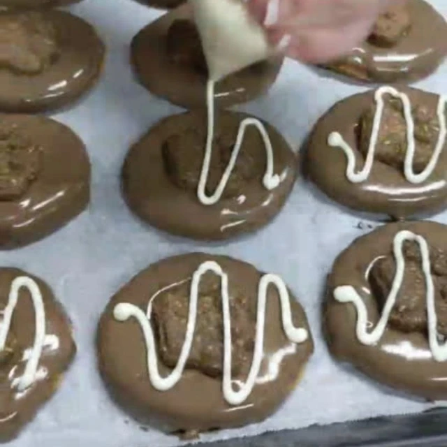 Doggie doughnuts being hand-decorated with a yoghurt drizzle at the Huds and Toke bakery