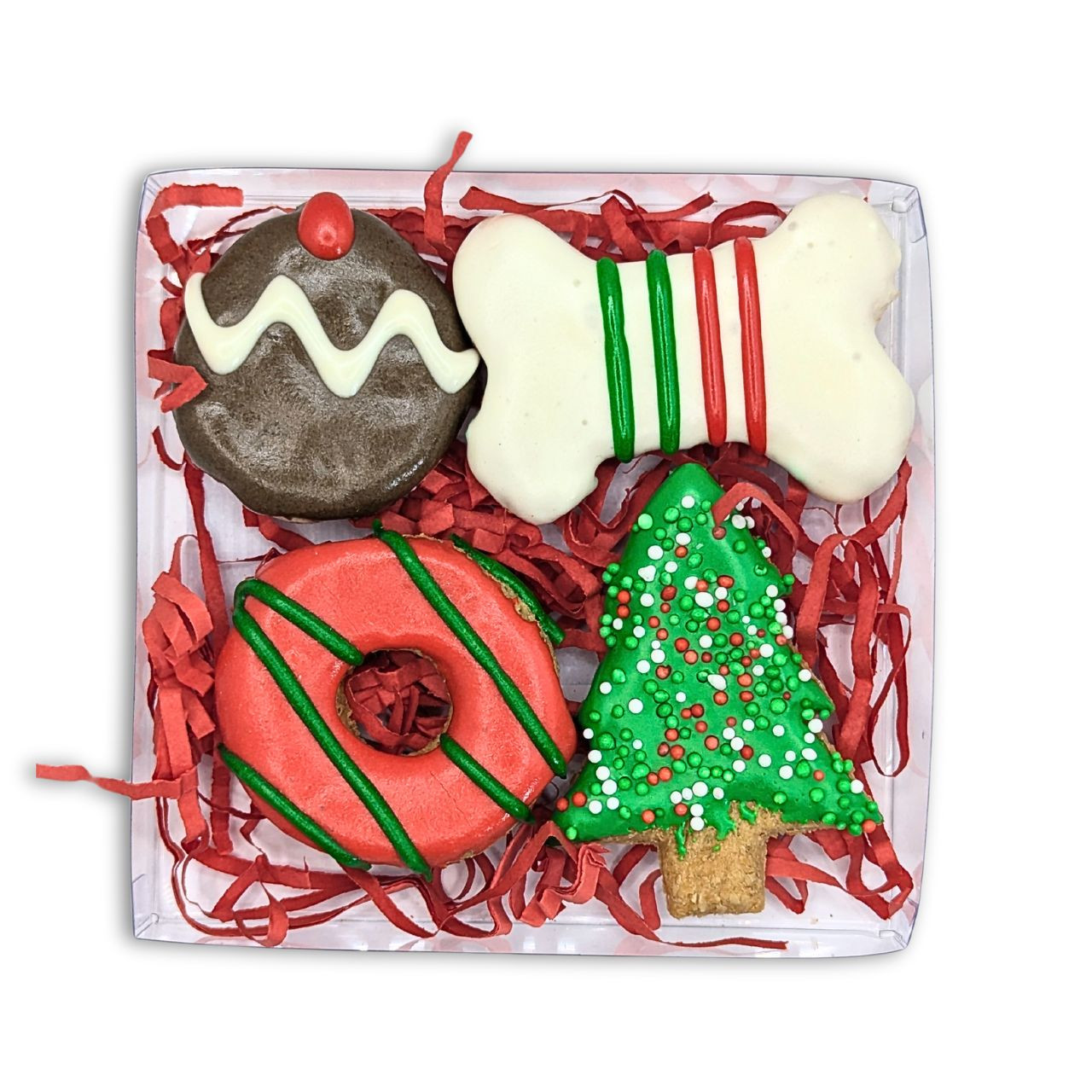 Christmas Dog Treat Gift Box - Mixed Christmas Cookie 4pce, baked and dried in our own kitchen on the Sunshine Coast.