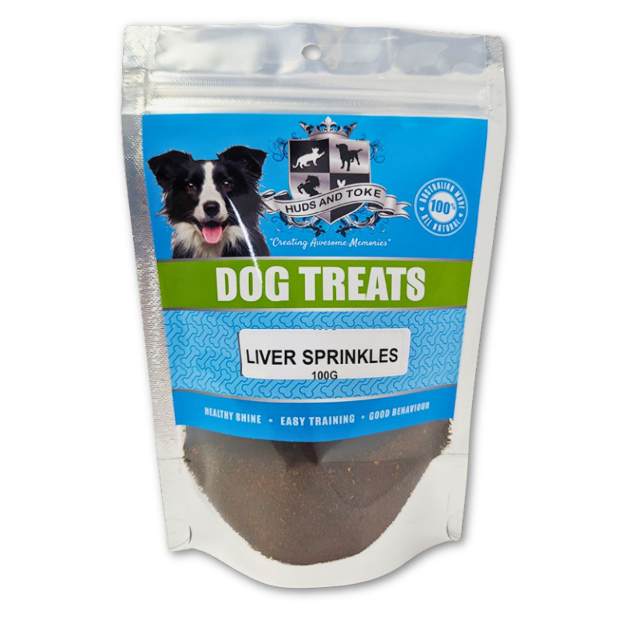 Huds and Toke Beef Liver Sprinkles 100g pack, an Australian-made dog food topper