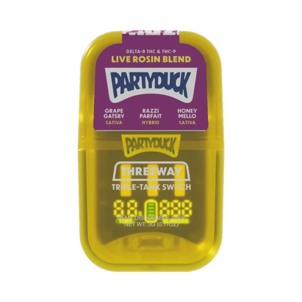 PartyDuck D8 THC-A THC-P Live Rosin Blend switch Disposable 3G Grape Gatsby Sativa-Razzi Parfait Hybrid-Honey Mello Sativa