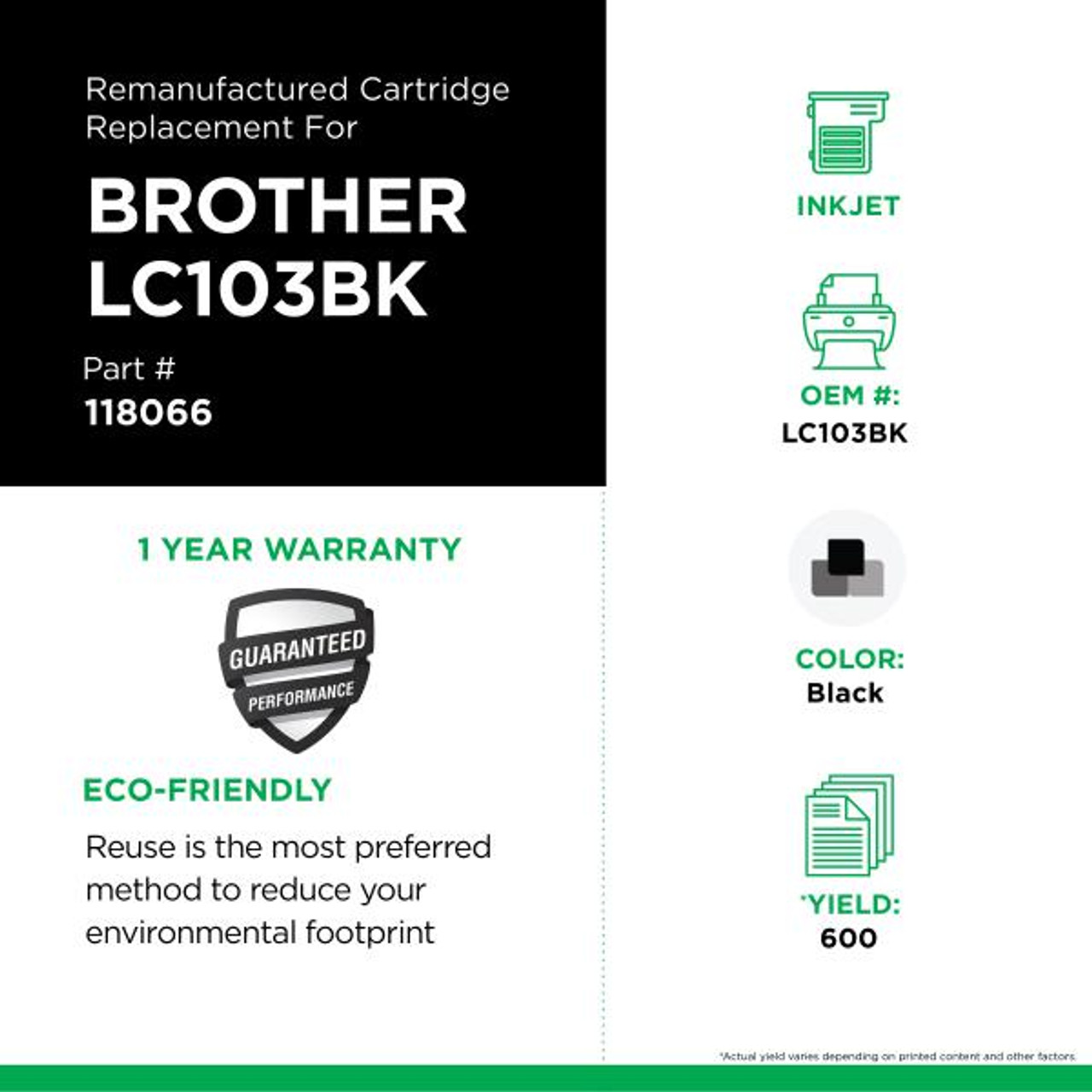 High Yield Black Ink Cartridge for Brother LC103XL-3