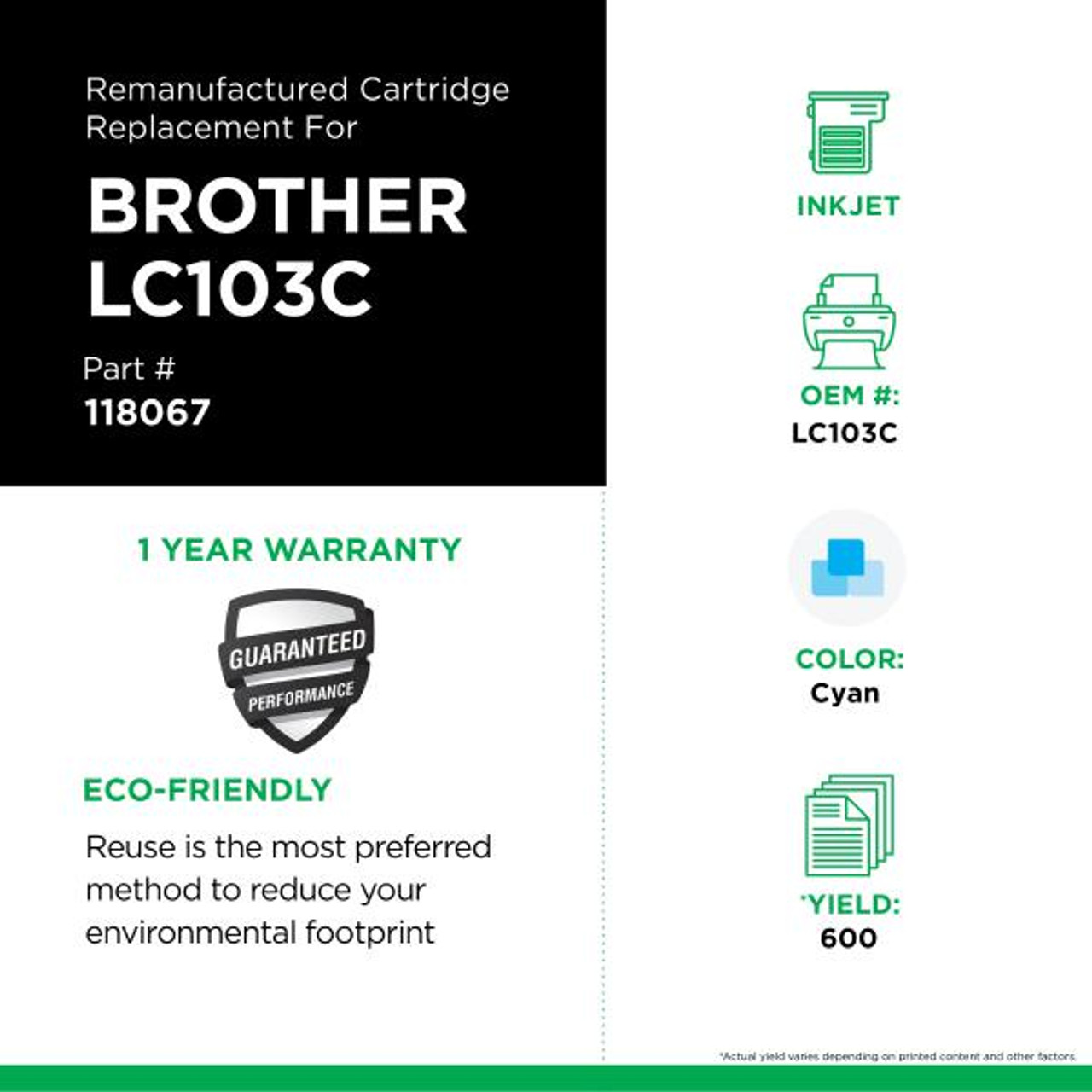 High Yield Cyan Ink Cartridge for Brother LC103XL-3