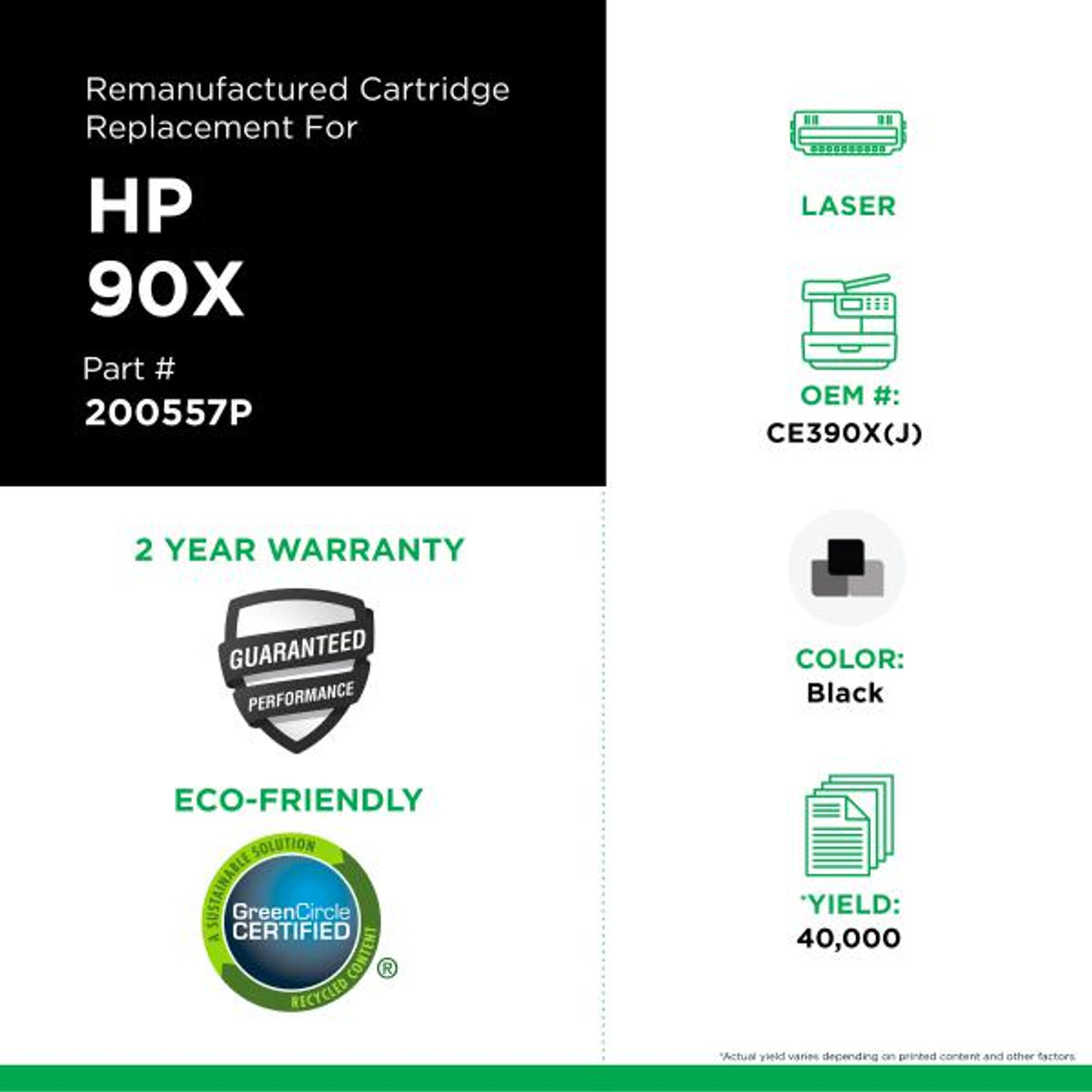 Extended Yield Black Toner Cartridge for HP CE390X-2