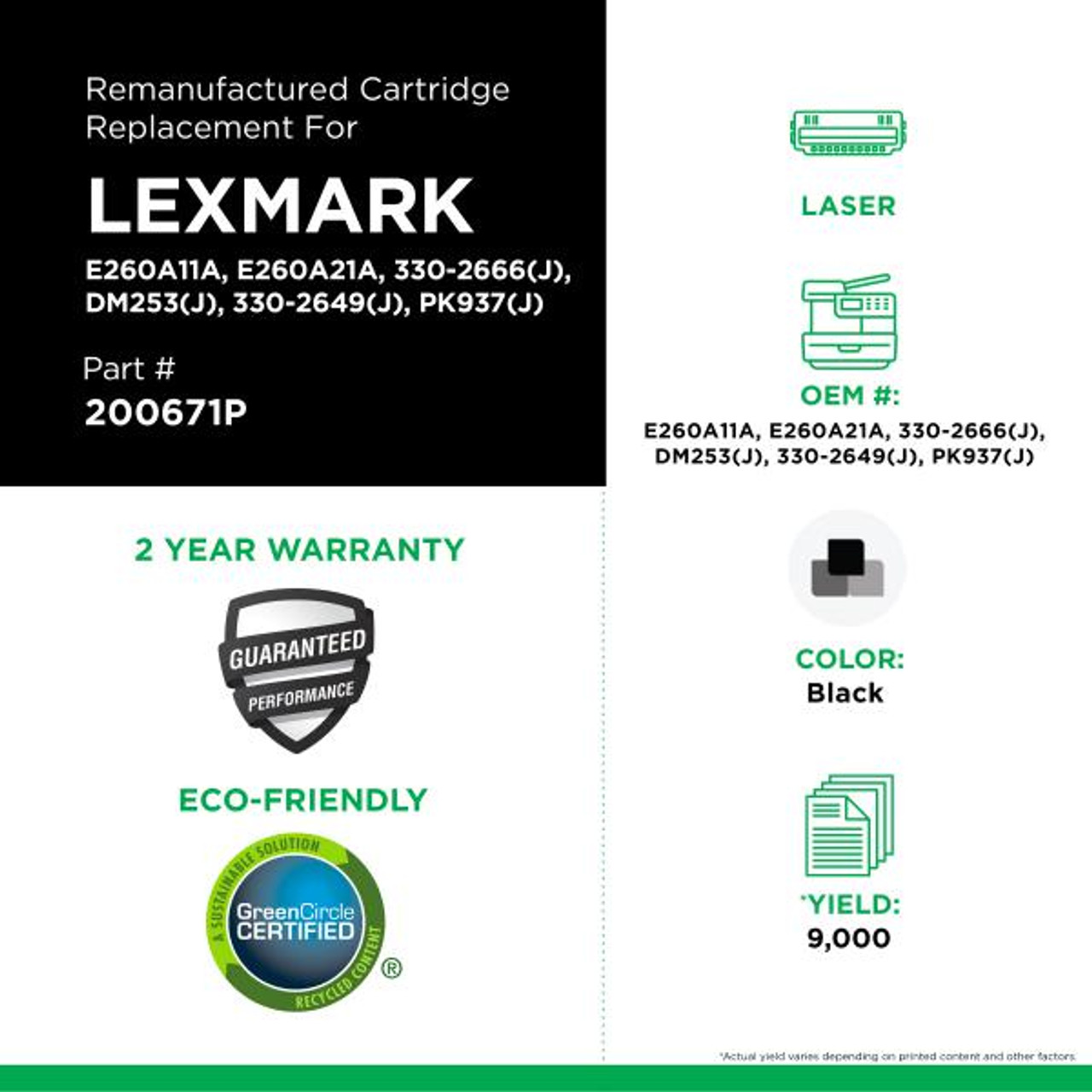 High Yield Universal Toner Cartridge for Lexmark E260/E360/E460/E462; Dell 2330/2350-2