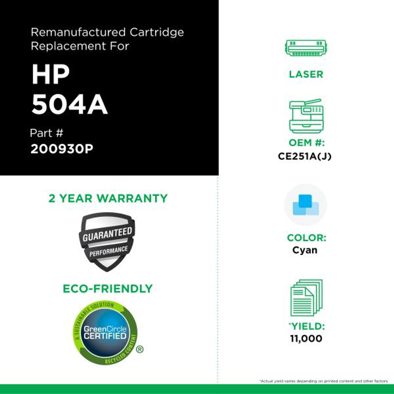Extended Yield Cyan Toner Cartridge for HP CE251A-2