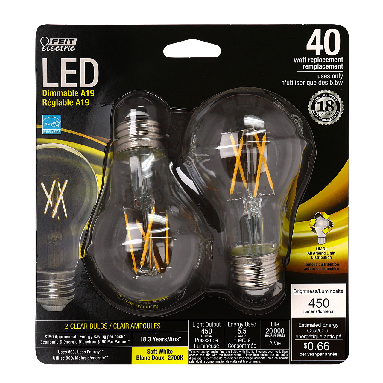 betalingsmiddel Pounding afvisning Feit Electric A1960/CL/850/LED/2 A19 Filament LED, 60 Watt Equiv.,  Dimmable, Clear, Medium