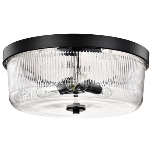60-8609 - Grayson Large Flush Mount 3-Light 60W Max Matte Black Clear Ribbed Glass - Satco/Nuvo