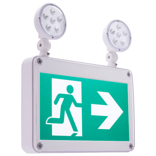 67-570 - Running Man Green Combo Exit Sign Emergency Light 120/347V 2HR Backup IP65 Wet Location - Satco/Nuvo
