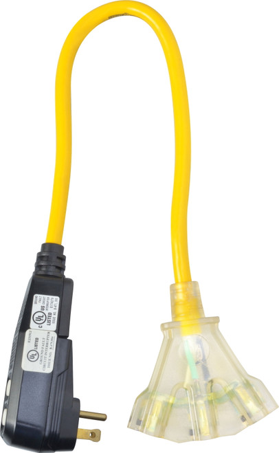 2814 - 12/3 SJTW 2ft Right Angle GFCI Triple Tap Power Block with LED Light - Southwire Yellow Jacket