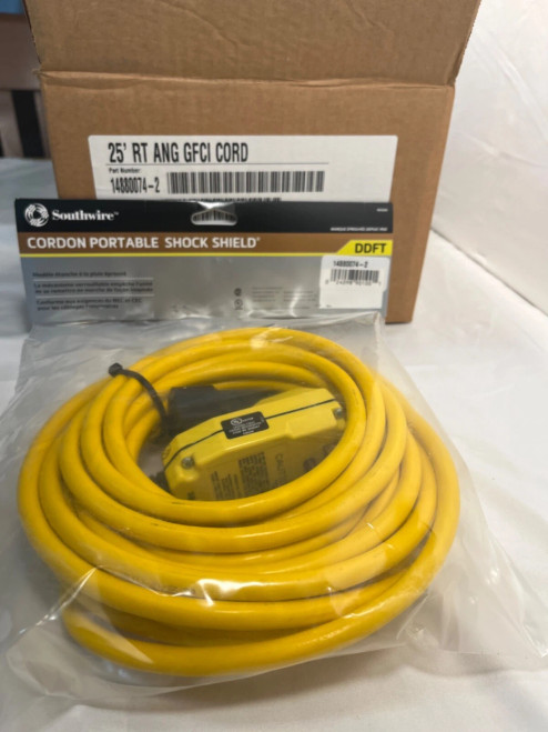 14880074-2 - 25 ft Right Angle GFCI Cord 120V 15A 14/3 SJTW Yellow - Southwire