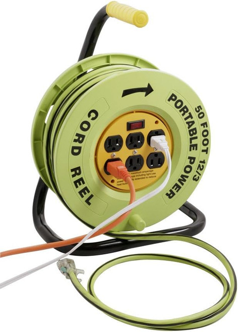 E238 - CORDSTOR 12/3 SJTW 50 ft Green/Black Retractable Cord Reel with Lighted End - Southwire