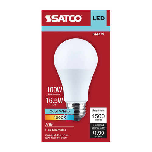S14379 - 16.5W LED A19 Bulb 4000K 120V Medium Base 1-Pack - Satco