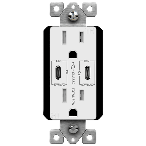 61501-2C-PD60-W - Dual USB-C 60W Power Delivery 15A Duplex Receptacle White - Enerlites