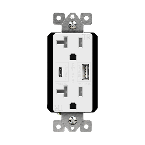 62001-TR2USB3-1A1C-W - 3.6A Dual USB-A/C 20A Tamper-Resistant Receptacle White - Enerlites