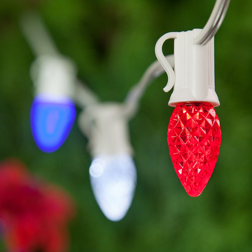 WGC-79690 - 75' Multicolor LED Commercial Patio String Light Set with 75 C7 Red, White and Blue Lights, E12 Base, 12" Spacing, Faceted - Wintergreen Corporation