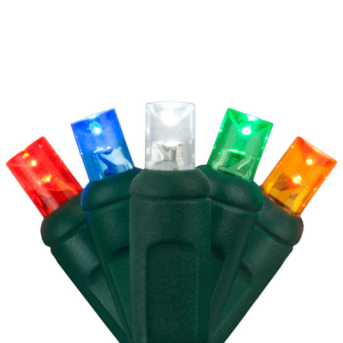 WGC-83893 - 5mm Multicolor LED Christmas Lights, 70 Lights, 24', Green Wire, 4" Spacing, Red/Blue/Green/Gold/Cool White - Wintergreen Corporation