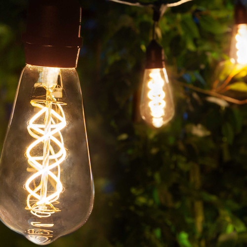 WGC-84124 - 30' Warm White LED FlexFilament Commercial Patio String Light Set with 10 5W ST64 Edison Bulbs, Black Wire, 36" Spacing, with Drops - Wintergreen Corporation