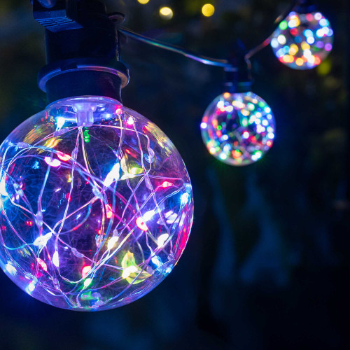 WGC-84761 - 15' RGB LED Commercial Color Change Patio String Light Set with 10 G95 Fairy Light Bulbs, Black Wire, 18" Spacing - Wintergreen Corporation