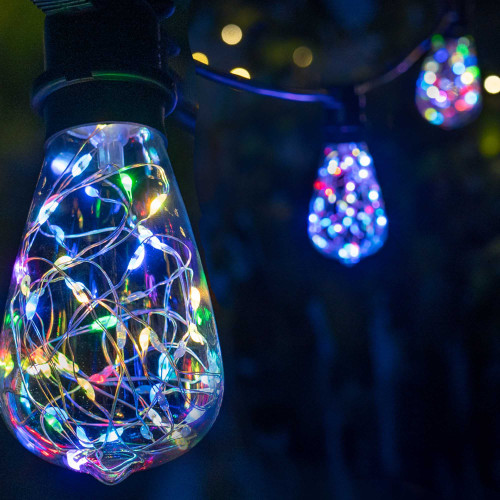 WGC-84774 - 30' RGB LED Commercial Color Change Patio String Light Set with 10 ST64 Fairy Light Bulbs, Black Wire, 36" Spacing - Wintergreen Corporation