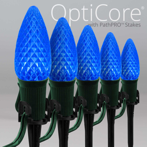 WGC-84785 - C9 Blue LED Commercial Christmas Pathway Lights, 5" Stakes, 25 Lights, 25', Green Wire, 12" Spacing - Wintergreen Corporation