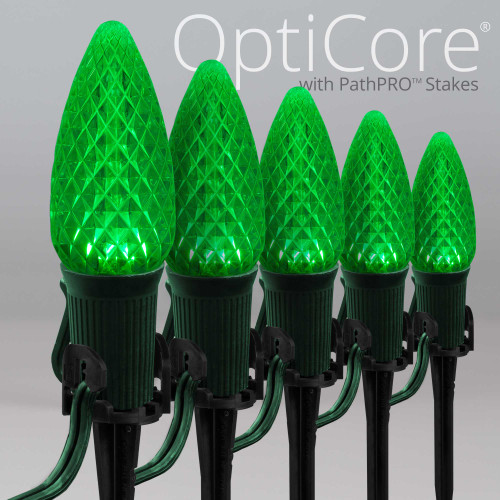 WGC-84793 - C9 Green LED Commercial Christmas Pathway Lights, 5" Stakes, 25 Lights, 25', Green Wire, 12" Spacing - Wintergreen Corporation