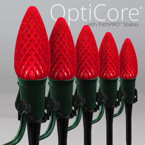 WGC-84802 - C9 Red LED Commercial Christmas Pathway Lights, 5" Stakes, 50 Lights, 50', Green Wire, 12" Spacing - Wintergreen Corporation