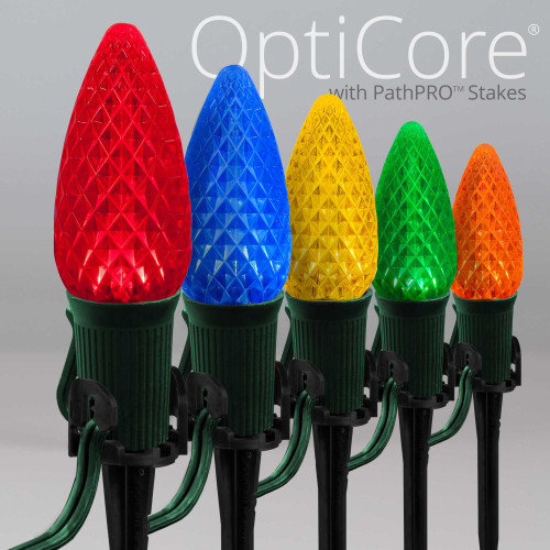 WGC-84818 - C9 Multicolor LED Commercial Christmas Pathway Lights, 5" Stakes, 100 Lights, 100', Green Wire, 12" Spacing - Wintergreen Corporation