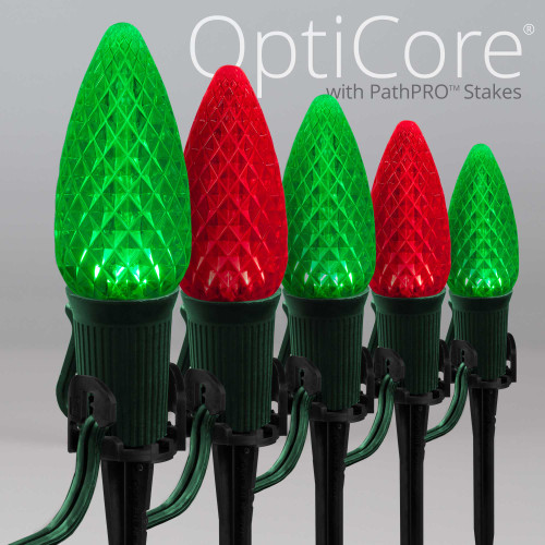 WGC-84827 - C9 Green/Red LED Commercial Christmas Pathway Lights, 5" Stakes, 100 Lights, 100', Green Wire, 12" Spacing - Wintergreen Corporation